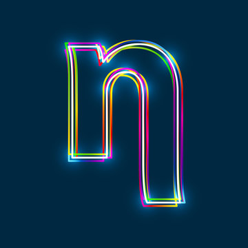 Greek Small Letter Eta - Vector multicolored outline font with glowing effect isolated on blue background. EPS10