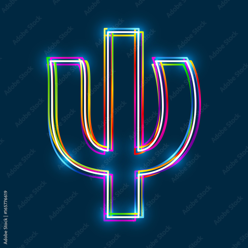Poster greek small letter psi - vector multicolored outline font with glowing effect isolated on blue backg