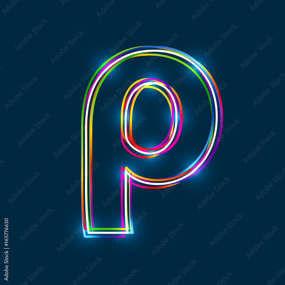 Poster greek small letter rho - vector multicolored outline font with glowing effect isolated on blue backg