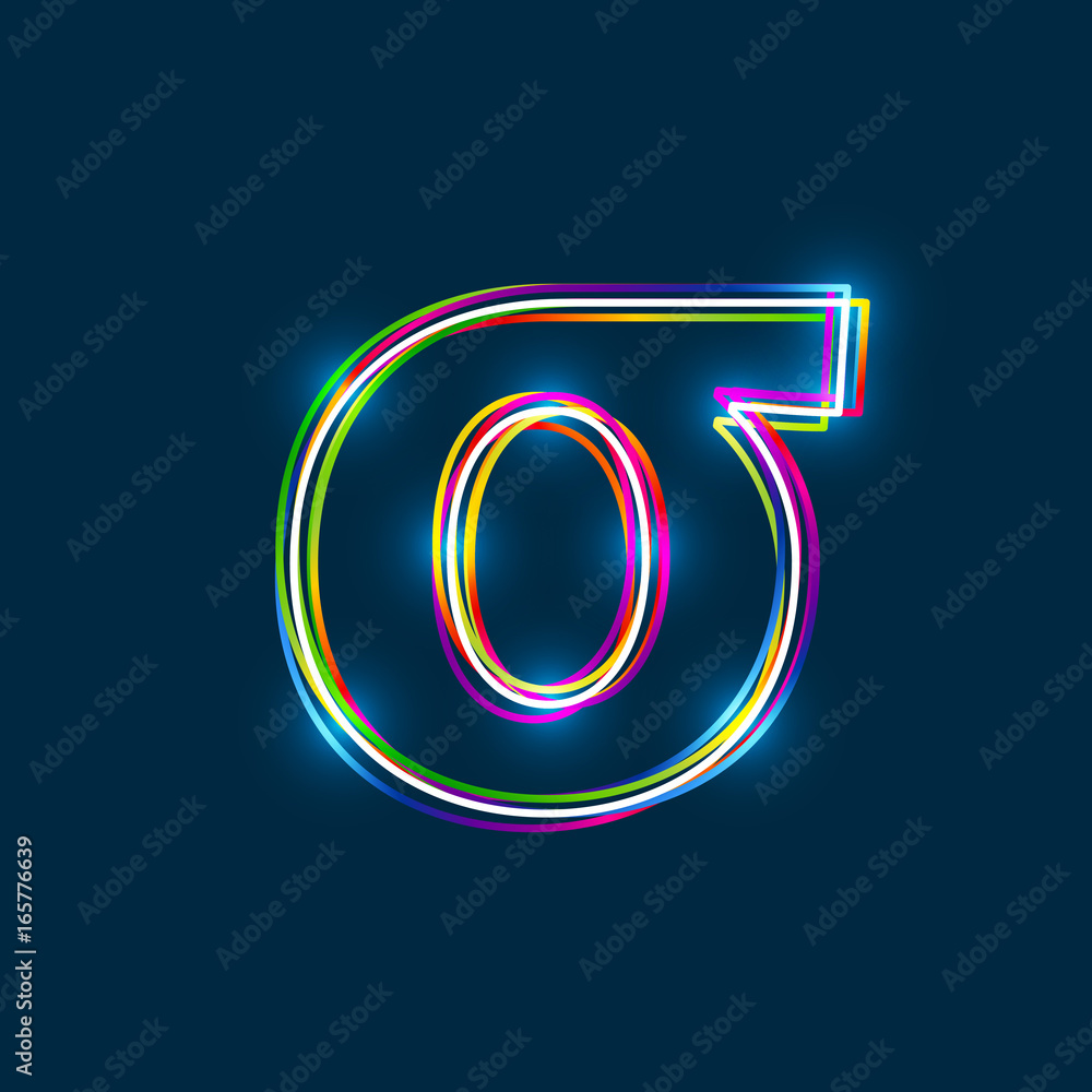 Poster greek small letter sigma - vector multicolored outline font with glowing effect isolated on blue bac