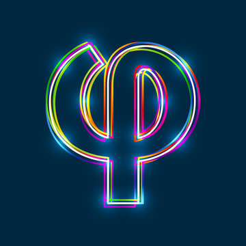 Greek Small Letter Phi - Vector multicolored outline font with glowing effect isolated on blue background. EPS10