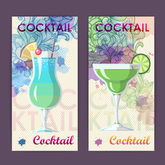 Flat cocktail design on Artistic decorative watercolor background. Cocktail menu