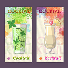 Flat cocktail design on Artistic decorative watercolor background. Cocktail menu