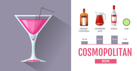 Flat style cocktail menu design. Cocktail cosmopolitan recipe - obrazy, fototapety, plakaty