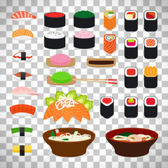 Japanese food icons on transparent background