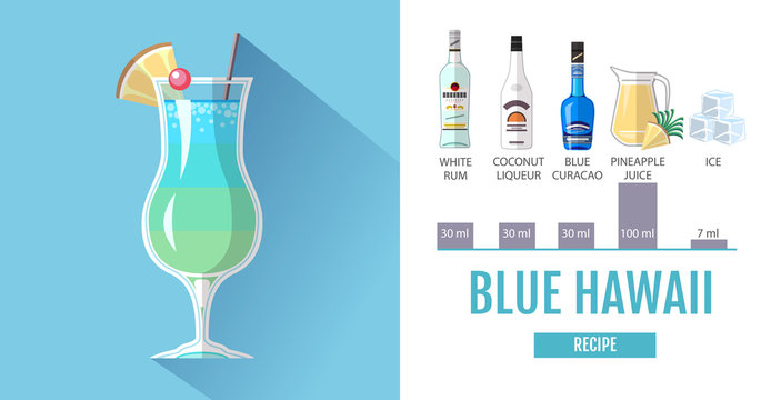 Flat style cocktail menu design. Cocktail blue hawaii recipe