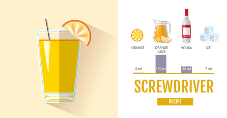 Flat style cocktail menu design. Cocktail screwdriver recipe