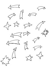 Doodle arrows and stars. Vector illustration. Set, collection of black and white hand draw pictures. Line art, outline Design element to create conceptual, original layouts
