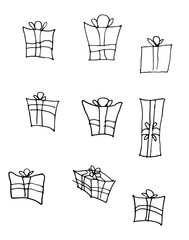 Doodle gift wrapping. Design element to create a festive, Christmas layouts. Vector illustration. Set, collection of black and white hand draw pictures. Line art, outline