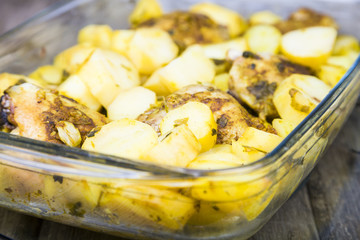 Potatoes with chicken baked in the oven.