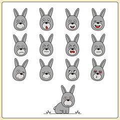 Set face funny bunny rabbit in cartoon style. Collection isolated heads of bunny rabbit on white background.