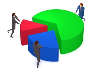 Business people pushing peace of pie chart
