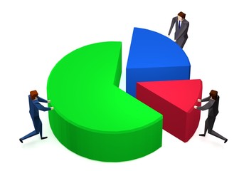 Business people pushing peace of pie chart
