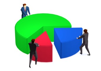 Business people pushing peace of pie chart
