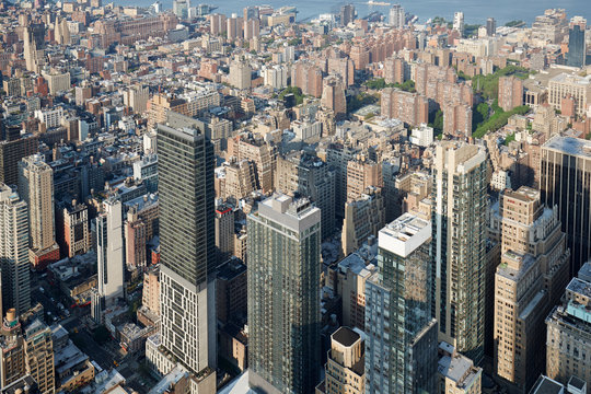 New York City midtown skyline aerial view with skyscrapers in sunlight