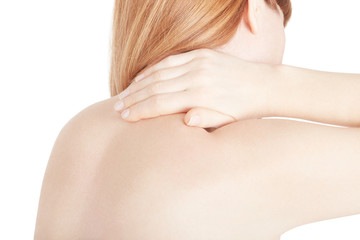 Woman with neck pain touching with hand the painful part isolated on white, clipping path