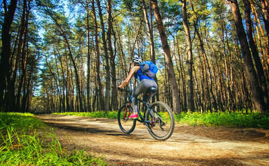 Fototapeta na wymiar One young woman - cyclist in a helmet riding a mountain bike outside the city, on the road in a pine forest on a summer day.