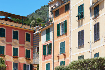 Fototapeta na wymiar Portofino typical colorful houses facades in Italy, Liguria in a sunny day