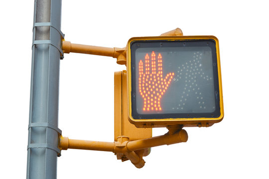 New York pedestrian traffic light with red hand isolated on white with clipping path