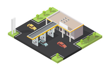 Isometric Gas filling station Vector flat illustration of oil service for with shop elements and background