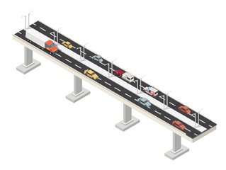 Isometric brigde and city with highways traffic road.