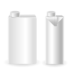 Realistic vector 3d mock up of milk or juice box on white background. Carton liter package with cap isolated