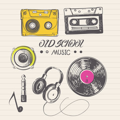 Doodle Drawings of Audio Cassettes, Vinyl Records, Headphones and Retro Music Accessories