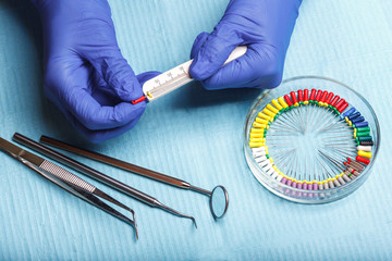 endodontic instruments on the napkin. Top view.