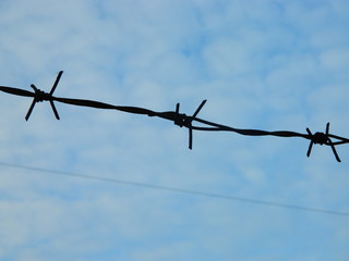 A closeup of a barbwire with sky as a background