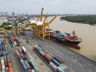 Aerial view of Industrial port with containers ship