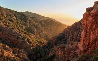 Last light at the famous cliffs of Calanche de Piana on Corsica, France.
