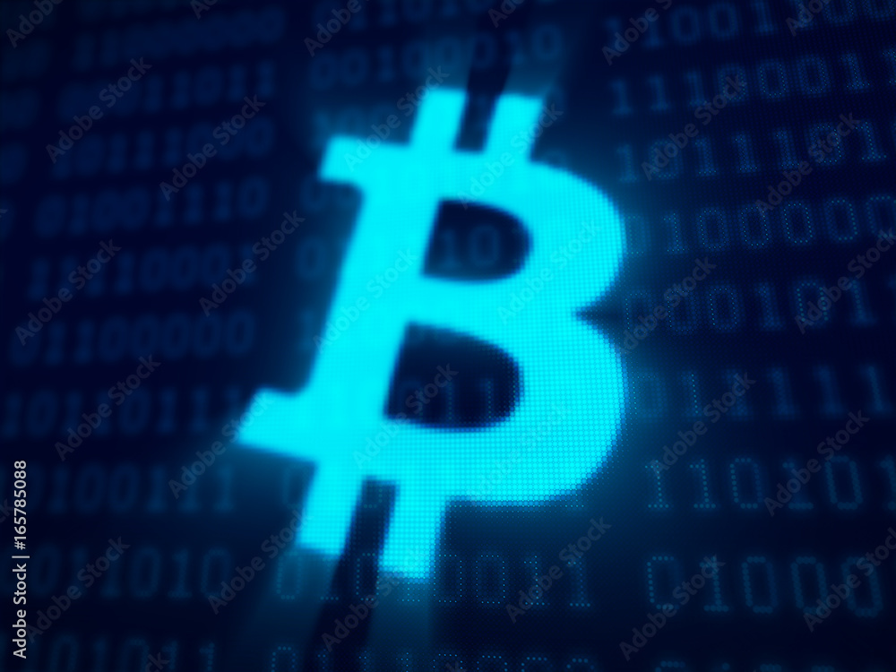 Poster bitcoin symbol and binary data on pixels screen 3d rendered with depth of field