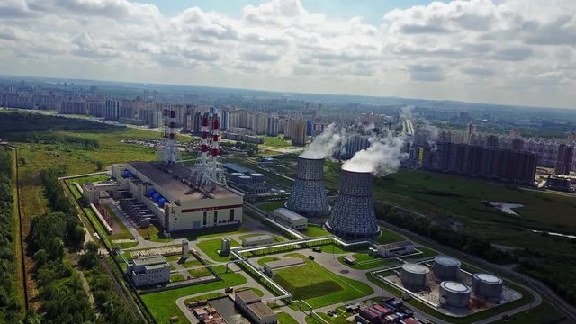 aerial view of clouds of smoke and steam coming from Power Station in Russia