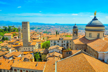 Panorama of the small French town located in the foothills of the Alps in bright sunny day