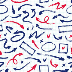 Seamless pattern in school style. Different hand drawn grunge arrows. Vector illustration over squared notebook sheet