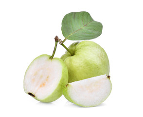 whole and half guava fruit with green leaf isolated on white background