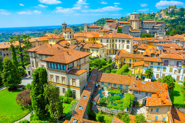 Fototapeta premium Panorama of the small French town located in the foothills of the Alps in bright sunny day