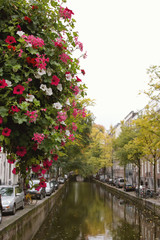 Flowers on canal in Amsterdam, Amstel river, Holland, Netherlands