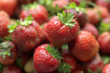 Several bright red ripe berries of strawberry in a natural look against the background of a lot of berries