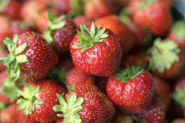 Several bright red ripe berries of strawberry in a natural look against the background of a lot of berries