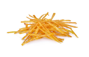 pile of fried potato stick on white background