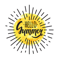Vector illustration with "Hello Summer" lettering, vintage sunburst and watercolor sun
