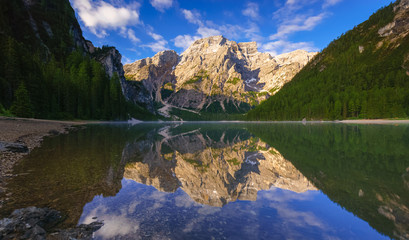 Braies Lake at sunrise, Dolomites mountains, Italy