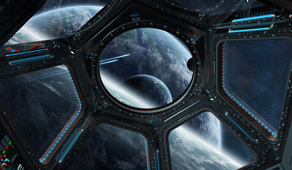 View of outer space from a space station window 3D rendering elements of this image furnished by NASA