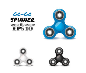Set of vector plastic spinner.  Relaxing trend triple fidget toy  different colors blue, white, black

