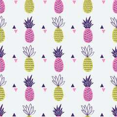 Vector seamless pattern with pineapples and triangles. Cute summer fruit background.