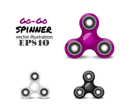 Set of vector plastic spinner.  Relaxing trend triple fidget toy  different colors purple, white, black
