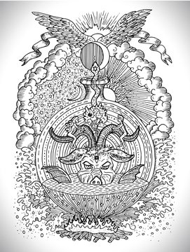 Black and white drawing with mystic and christian religious symbols as Devil, Eve and Adam, hell and paradise. Occult and esoteric vector illustration