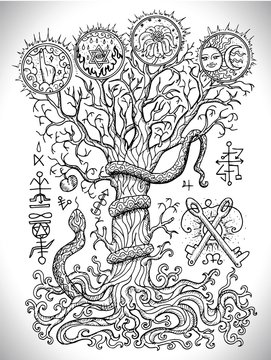 Black and white drawing with mystic and christian religious symbols as snake, tree of knowledge and forbidden fruit. Occult and esoteric vector illustration