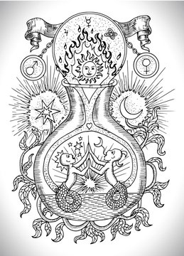 Black and white drawing with mystic, spiritual and alchemical symbols, zodiac sign Gemini concept with moon, sun and stars. Occult and esoteric vector illustration